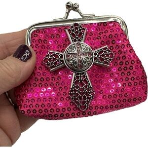 Hot Pink Sequin Coin Purse Silver Cross & 18mm Pink Cross Ginger Snap! SEE VIDEO